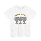 Whose Time? Tee in White – three-peat fan T-shirt with gold lettering and three silver trophies