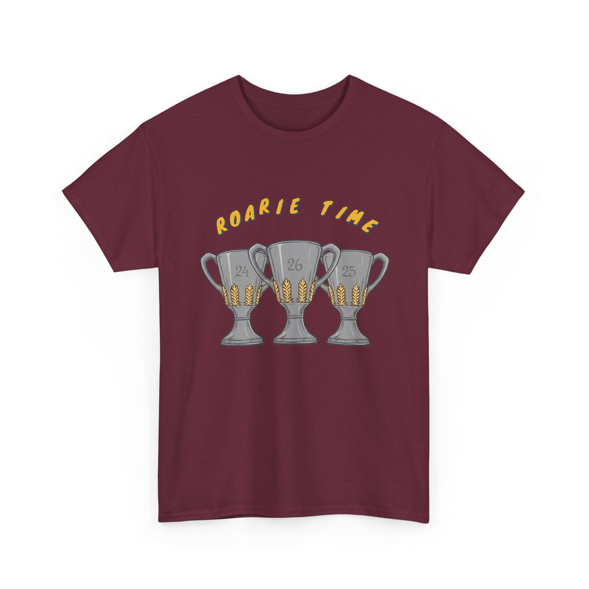 Roarie Time Tee in Maroon – three-peat fan T-shirt with gold lettering and three silver trophies