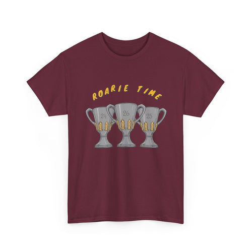 Roarie Time Tee in Maroon – three-peat fan T-shirt with gold lettering and three silver trophies