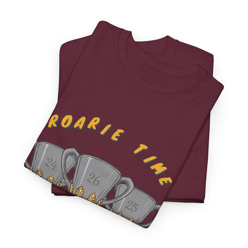 Roarie Time Tee mockup – Brisbane three-peat fan tee, gold hand-lettering over three trophies