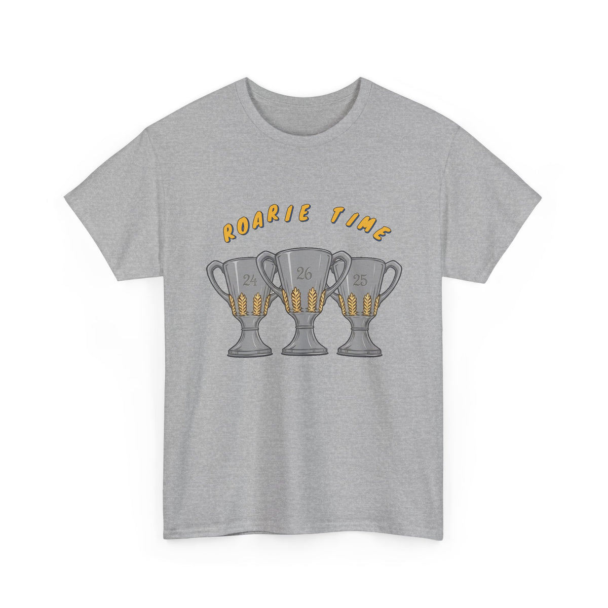 Roarie Time Tee in Sport Grey – three-peat fan T-shirt with gold lettering and three silver trophies
