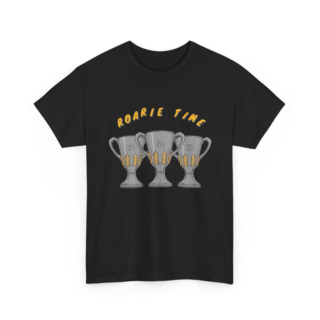 Roarie Time Tee in Black – three-peat fan T-shirt with gold lettering and three silver trophies