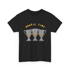 Roarie Time Tee in Black – three-peat fan T-shirt with gold lettering and three silver trophies