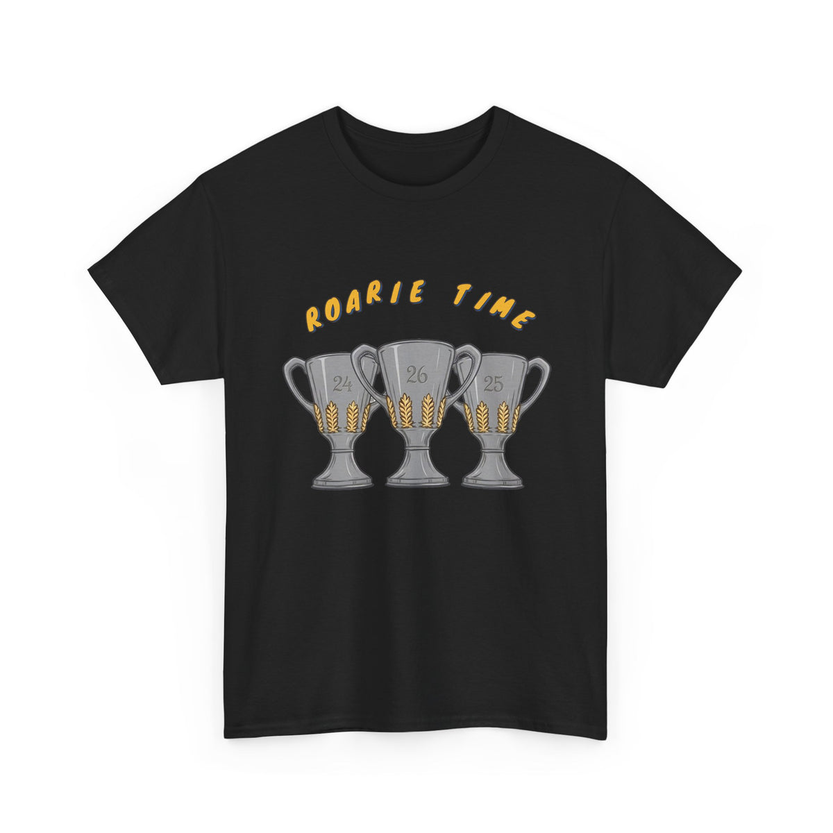 Roarie Time Tee in Black – three-peat fan T-shirt with gold lettering and three silver trophies