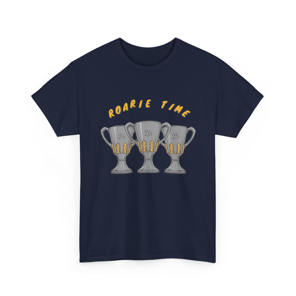 Roarie Time Tee in Navy – three-peat fan T-shirt with gold lettering and three silver trophies