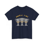 Roarie Time Tee in Navy – three-peat fan T-shirt with gold lettering and three silver trophies