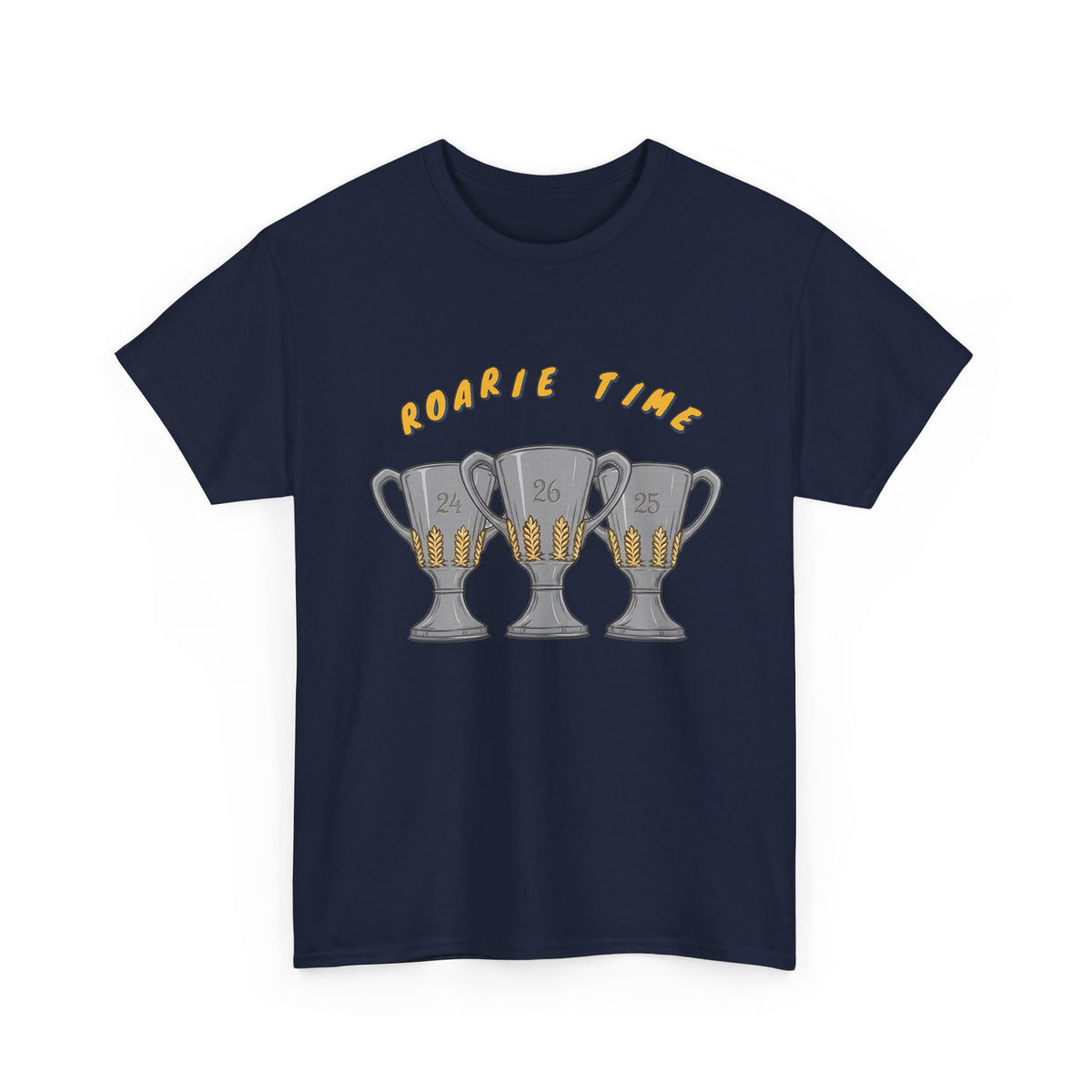 Roarie Time Tee in Navy – three-peat fan T-shirt with gold lettering and three silver trophies