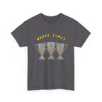 Whose Time? Tee in Charcoal – three-peat fan T-shirt with gold lettering and three silver trophies