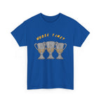 Whose Time? Tee in Royal – three-peat fan T-shirt with gold lettering and three silver trophies