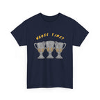 Whose Time? Tee in Navy – three-peat fan T-shirt with gold lettering and three silver trophies
