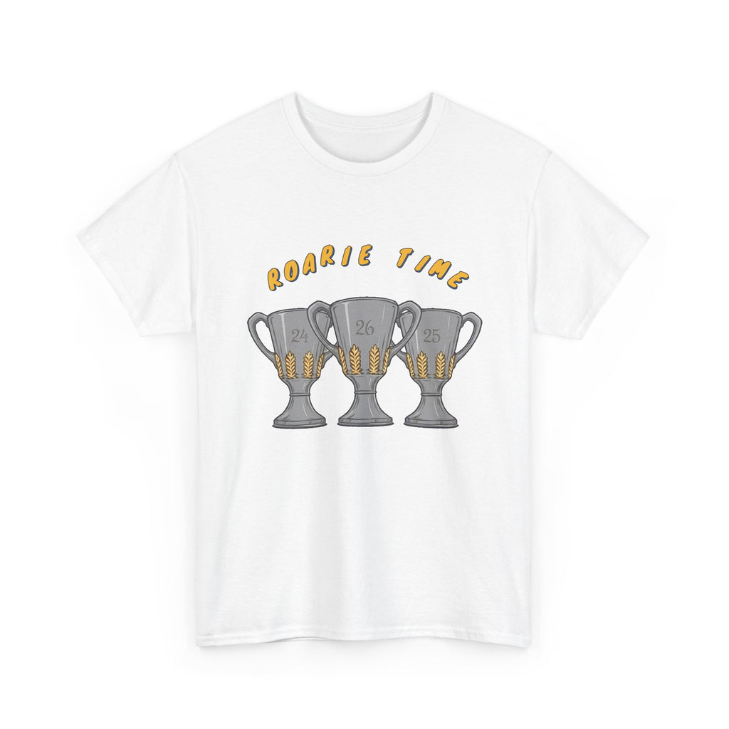 Roarie Time Tee in White – three-peat fan T-shirt with gold lettering and three silver trophies
