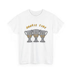 Roarie Time Tee in White – three-peat fan T-shirt with gold lettering and three silver trophies