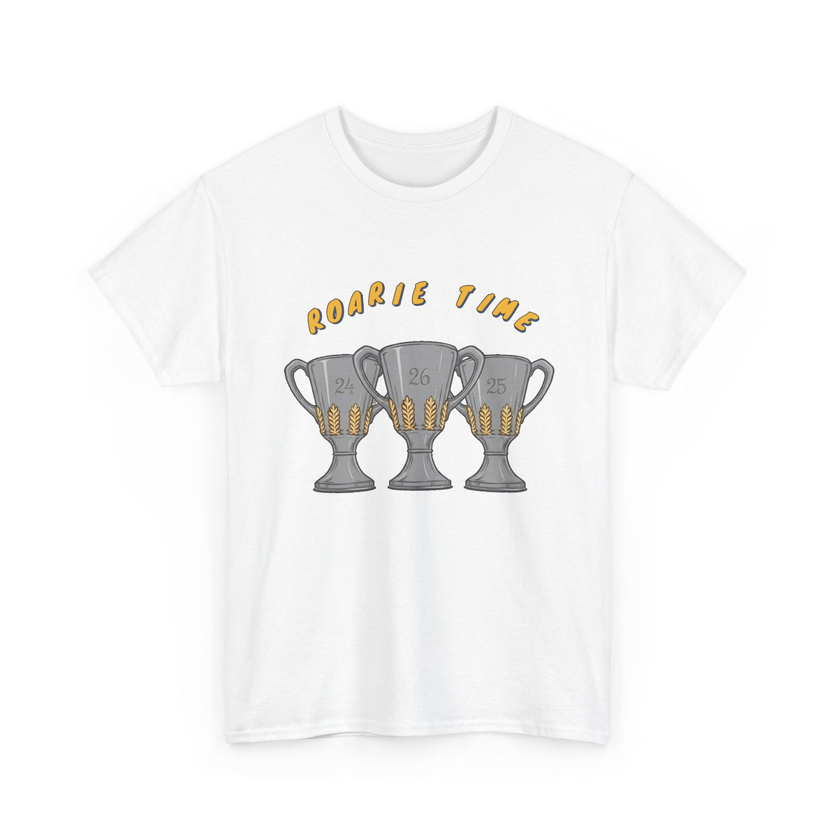Roarie Time Tee in White – three-peat fan T-shirt with gold lettering and three silver trophies