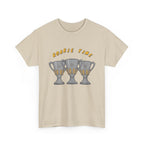 Roarie Time Tee in Sand – three-peat fan T-shirt with gold lettering and three silver trophies
