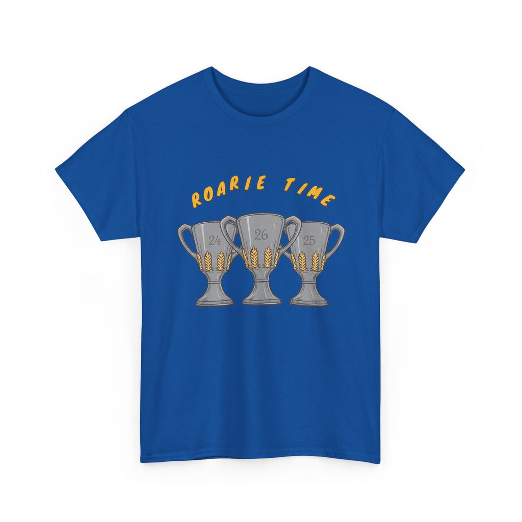 Roarie Time Tee in Royal – three-peat fan T-shirt with gold lettering and three silver trophies