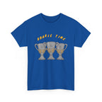 Roarie Time Tee in Royal – three-peat fan T-shirt with gold lettering and three silver trophies