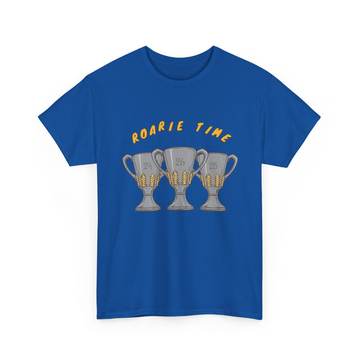 Roarie Time Tee in Royal – three-peat fan T-shirt with gold lettering and three silver trophies